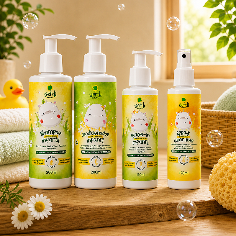 Kit Shampoo + Condicionador + Leave In + Spray Iluminador Infantil Aloe Vera e Camomila Verdi Natural