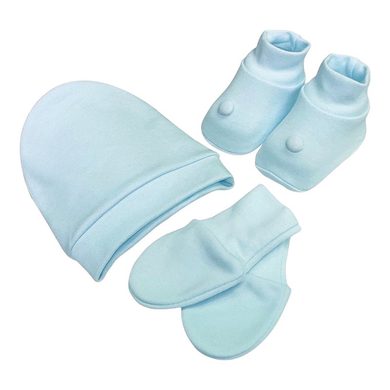 Kit Touca, Luva e Sapatinho RN Laço Bebê Bamboo Azul Bebê