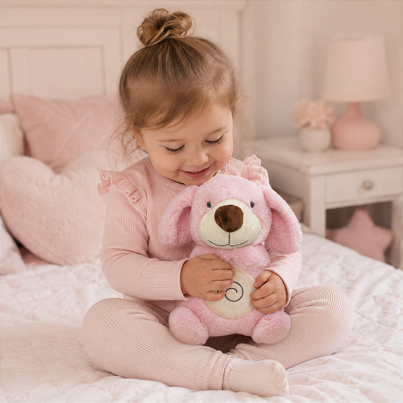 Minha Primeira Pelúcia Musical Laço Bebê com Luz e Respiração Cachorro Rosa