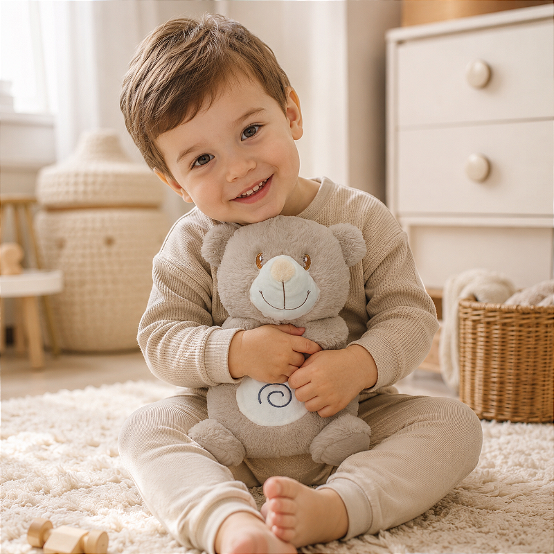 Minha Primeira Pelúcia Musical Laço Bebê com Luz e Respiração Urso Bege