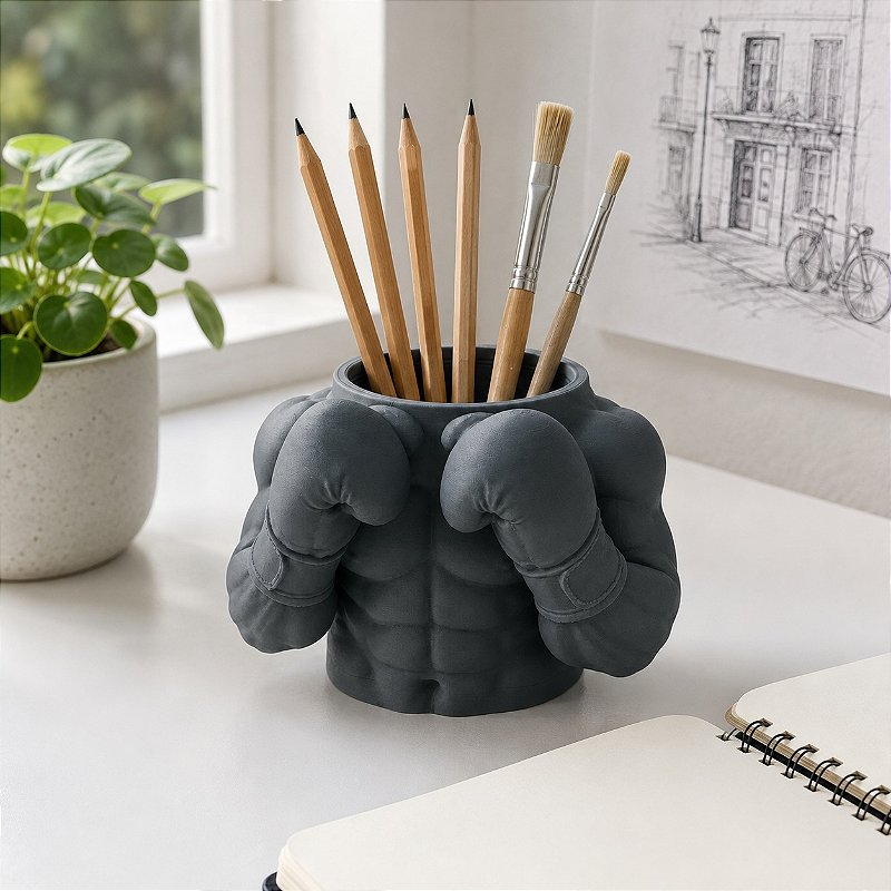 Porta-Canetas Busto de Boxeador Criandê Cinza