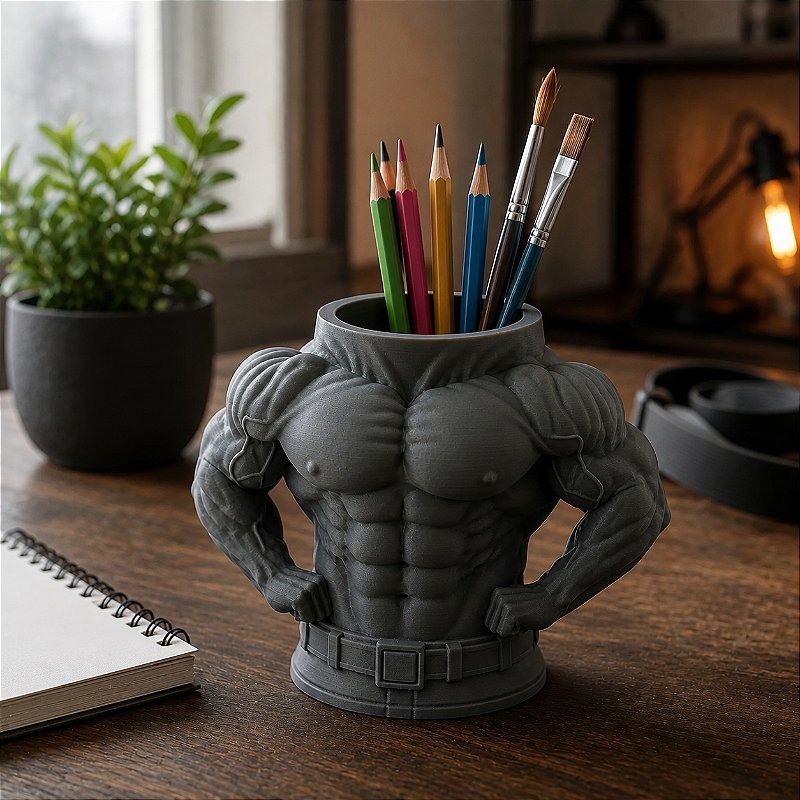 Porta-Canetas Torso de Fisiculturista Criandê Cinza