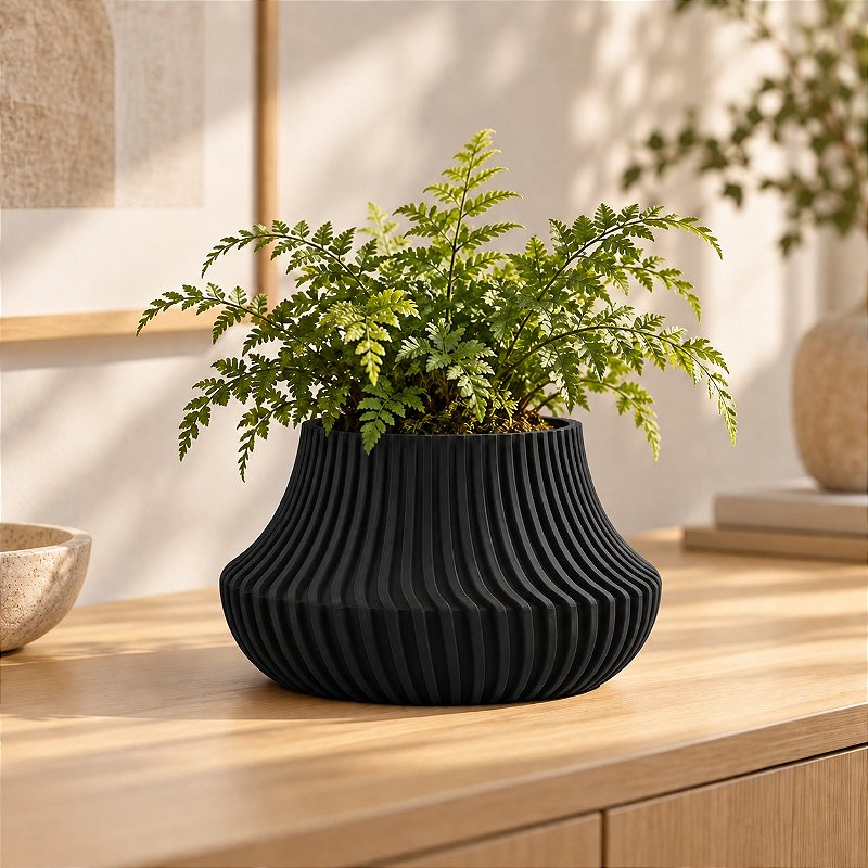 Vaso de Planta Canelado Aurora Criandê Preto