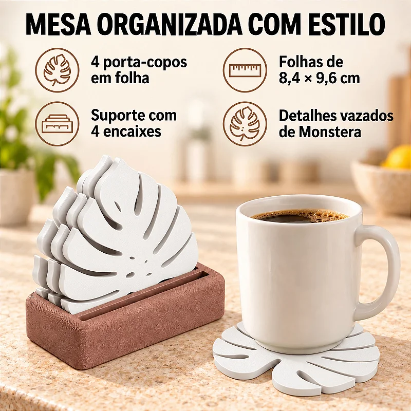 Porta-Copos Folha de Monstera com Suporte Criandê Branco