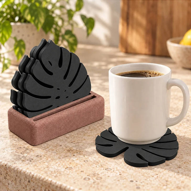Porta-Copos Folha de Monstera com Suporte Criandê Preto
