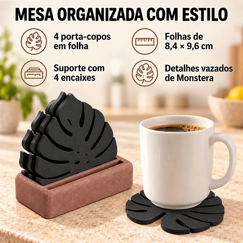 Porta-Copos Folha de Monstera com Suporte Criandê Preto