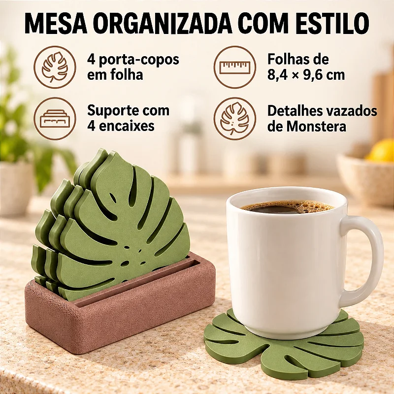 Porta-Copos Folha de Monstera com Suporte Criandê Wood