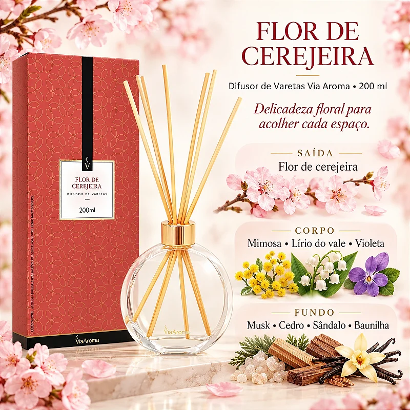 Difusor de Varetas Via Aroma Flor de Cerejeira 200 ml