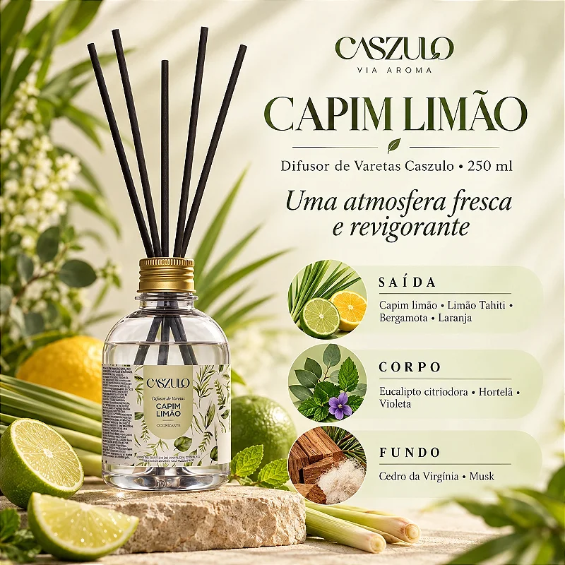 Difusor de Varetas Caszulo Via Aroma Capim Limão 250 ml