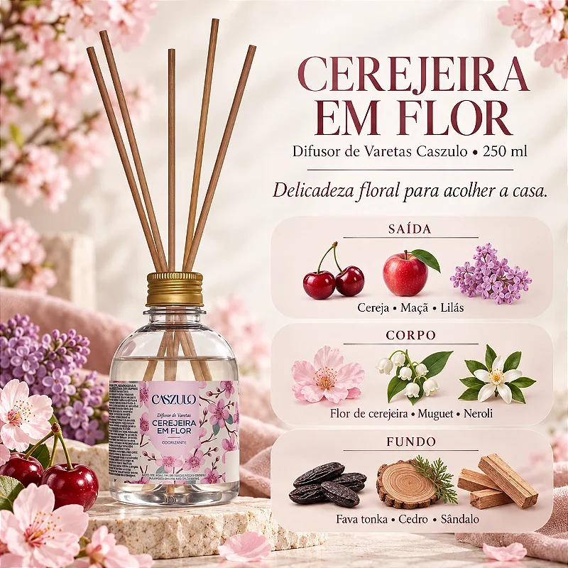 Difusor de Varetas Caszulo Via Aroma Cerejeira em Flor 250 ml