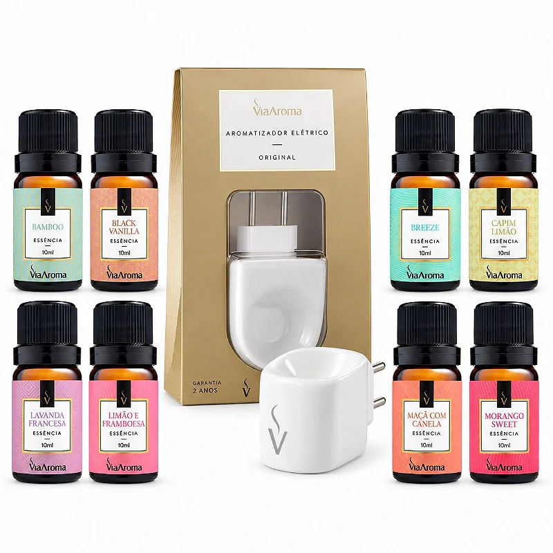 Combo Aromatizador Elétrico Via Aroma Branco + 8 Essências 10 ml