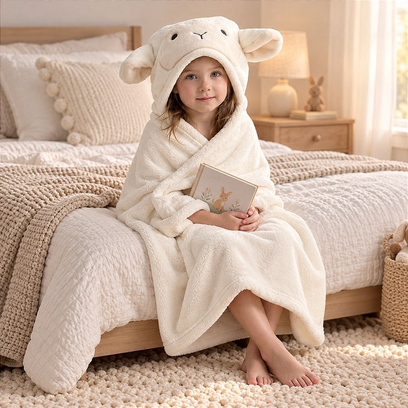 Toalha de Banho Infantil com Capuz Power Sec 3D 80x125cm Ovelha Off White - Laço Bebê