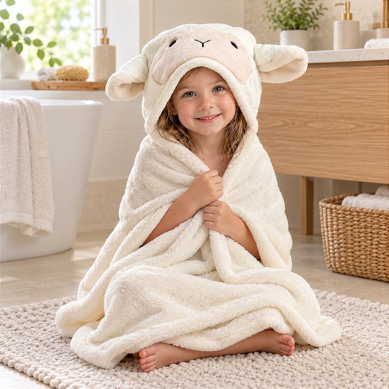 Toalha de Banho Infantil com Capuz Power Sec 3D 80x125cm Ovelha Off White - Laço Bebê