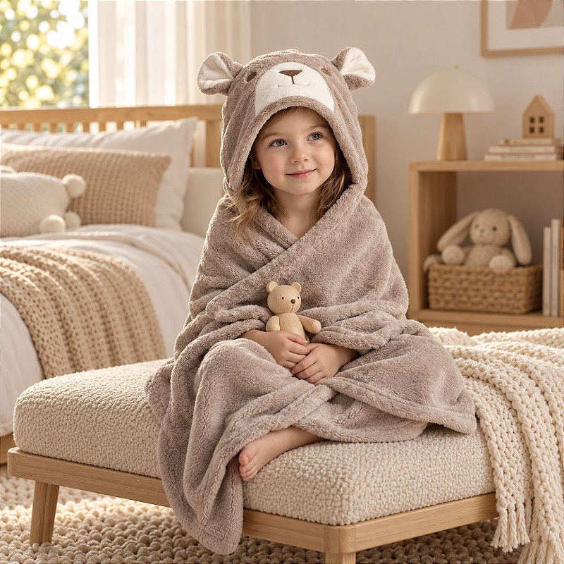 Toalha de Banho Infantil com Capuz Power Sec 3D 80x125cm Urso Yogi Bege - Laço Bebê