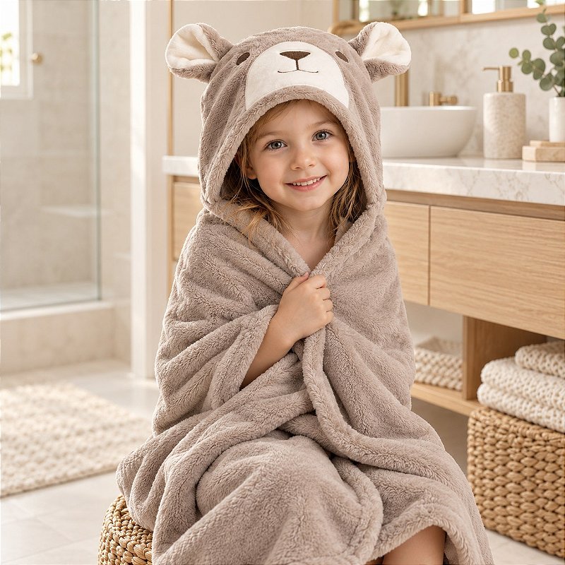 Toalha de Banho Infantil com Capuz Power Sec 3D 80x125cm Urso Yogi Bege - Laço Bebê