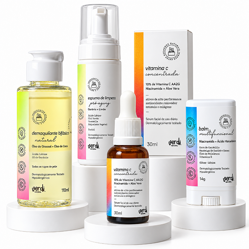Kit Skincare Facial Natural Completo Verdi Natural – Limpeza, Vitamina C e Balm