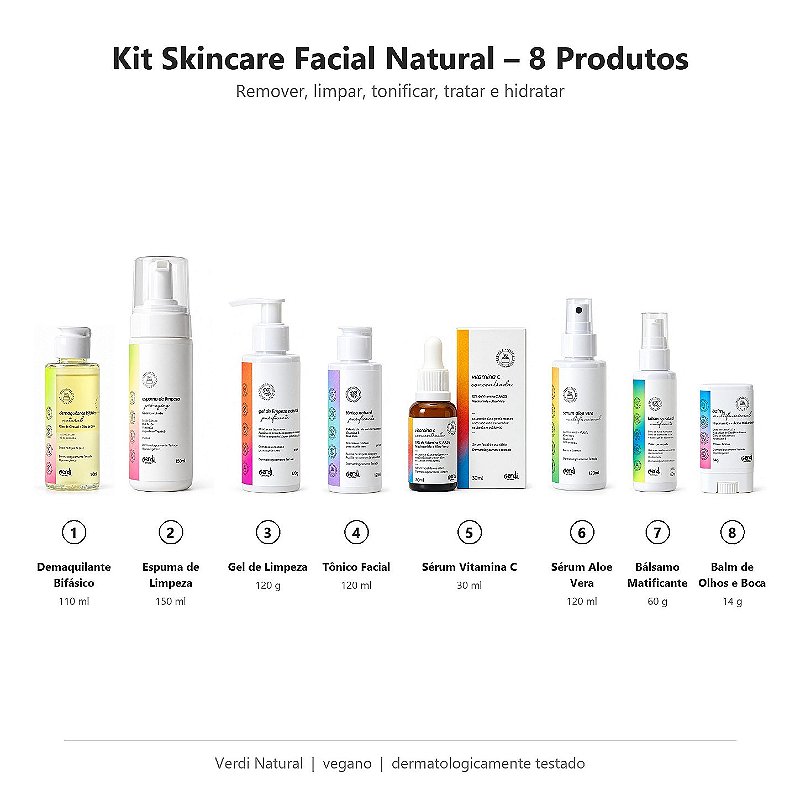 Kit Skincare Facial Natural 8 Produtos Verdi Natural – Rotina Completa de Limpeza e Cuidado
