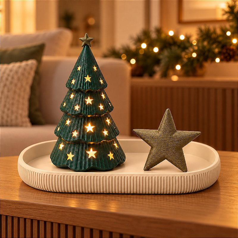 Kit Natal Minimalista com Árvore Iluminada, Bandeja e Estrela