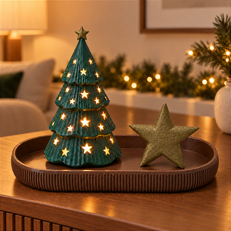 Kit Natal Minimalista com Árvore Iluminada, Bandeja e Estrela