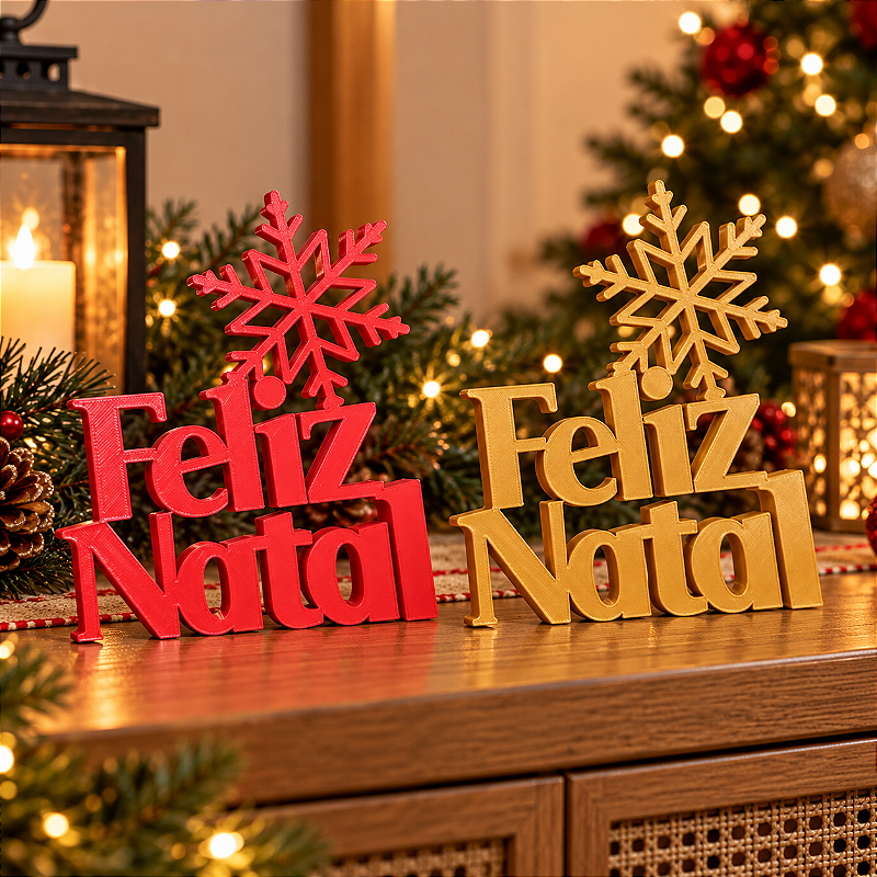 Escultura Decorativa Feliz Natal com Floco de Neve