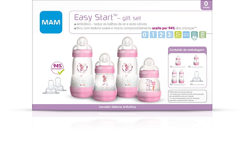 Kit Mamadeira MAM Easy Start First Bottle Anti-Cólica e Auto-Esterilizáveis Menina
