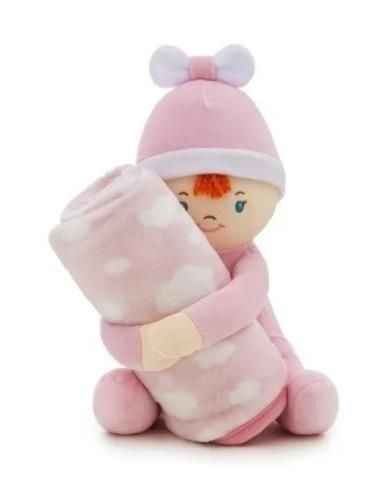 Manta Bebê em Soft Nuvem com Boneca de Pelúcia Rosa- 2 Peças
