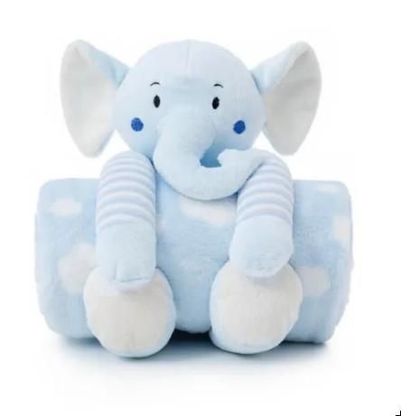 Manta Bebê em Soft Nuvem com Elefante de Pelúcia Azul - 2 Peças