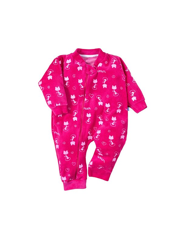 Macacão Bebê Em Plush Estampado Zíper Pink