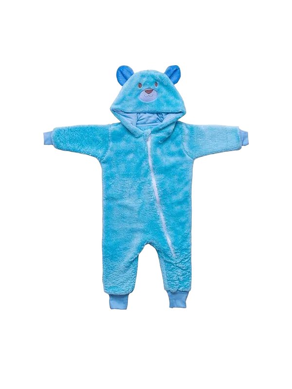 Macacão Infantil Zíper Em Plush Com Capuz Urso Azul Bebê