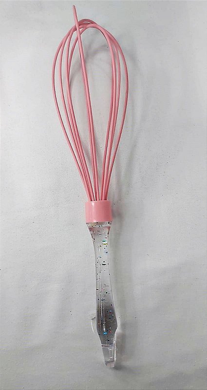 Batedor de ovos de silicone rosa com cabo de acrílico e gliter
