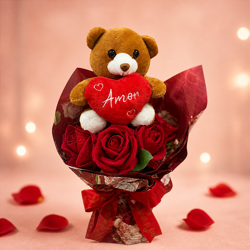Buquê Pelúcia e Rosas Eternas