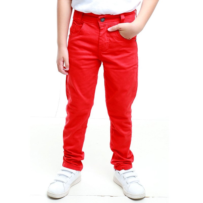 Calça Jeans Masculina Infantil Vermelha Tamanho 1 Ao 10 - Pó-Pô-Pano