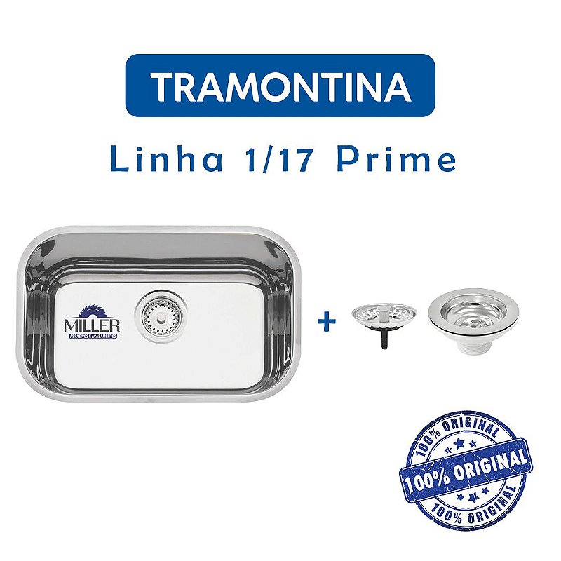 Cuba de Aço Inox Tramontina Prime 1-17 (47x30,5x17,5) Alto Brilho 304 C/ Válvula 4 1/2" P/ Pia de Cozinha Cód. 94022/202.