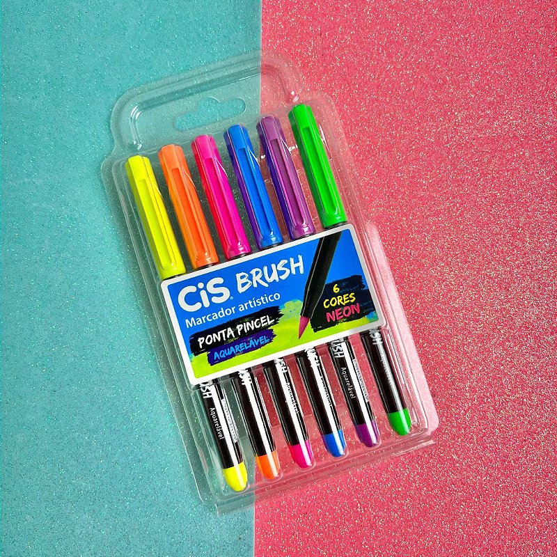 Brush Pen Cis - 6 Cores Neon - Meu Poá Papelaria