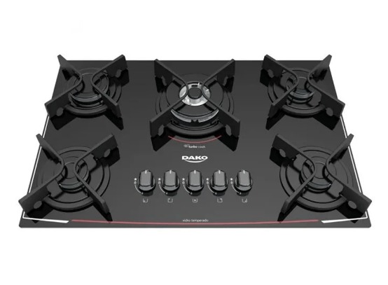 Fogão Cooktop Dako 5 Bocas Turbo Glass, com Mesa em Vidro, tripla Chama, Preto