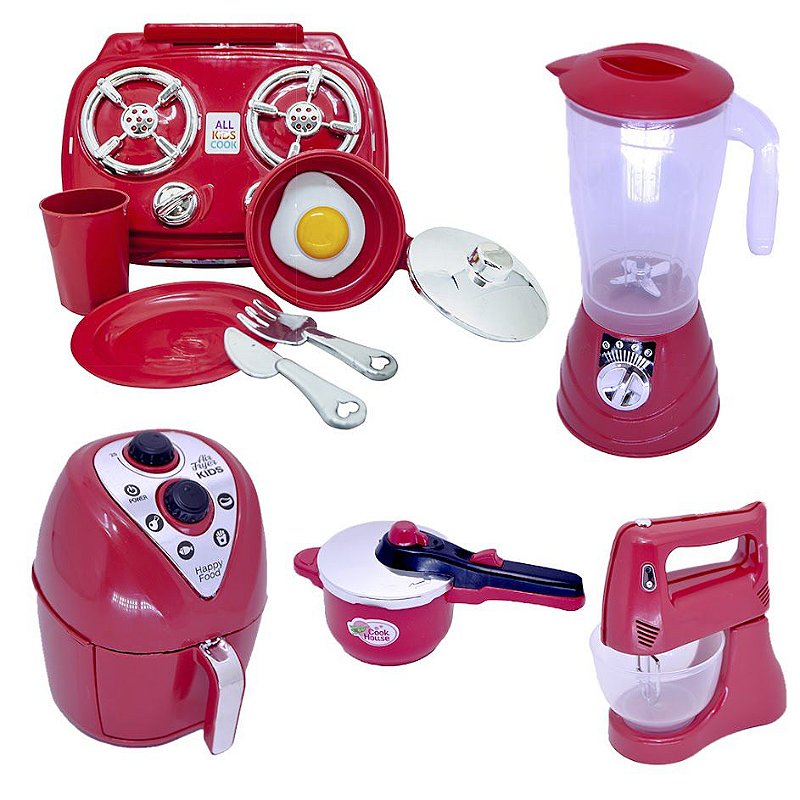 Kit Cozinha Infantil Com Fogão + Airfryer + Jogo De Jantar C/ Copos,  Pratinhos, Panelinhas De Brinquedo Fogãozinho Cooktop Comidinha