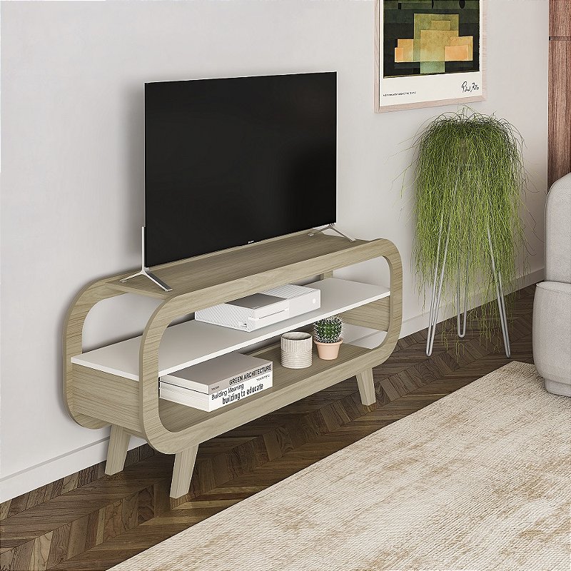 Rack Theo 134cm - Naturale / Branco - Artely Móveis - LOJA MUNDI MÓVEIS