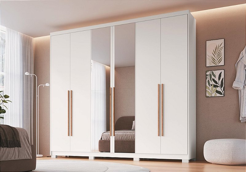 Roupeiro 06 Portas Brescia com Espelho - 3387A - Branco - Moveis