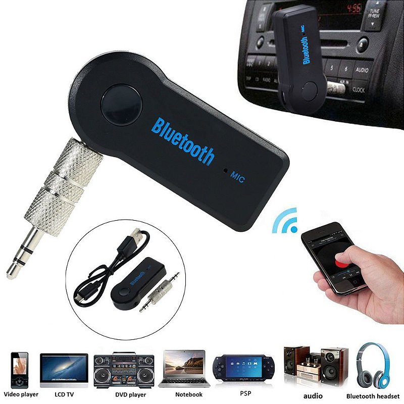 Adaptador Bluetooth P2 para som auxiliar com bateria recarregável e mi