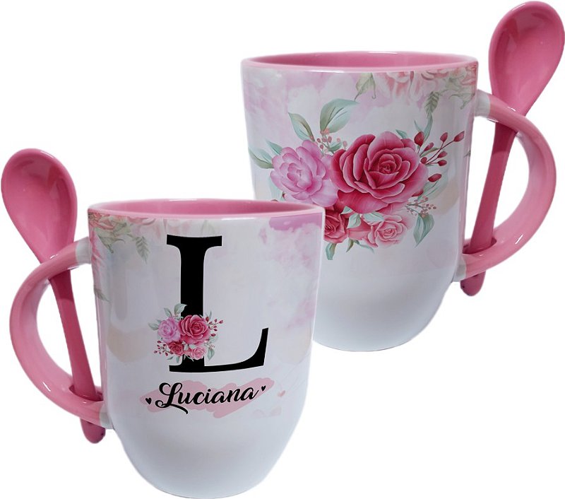 Caneca Personalizada com Colher - Preta Inicial com Nome Masculina e Frase  - Mimos Maria Personalizados