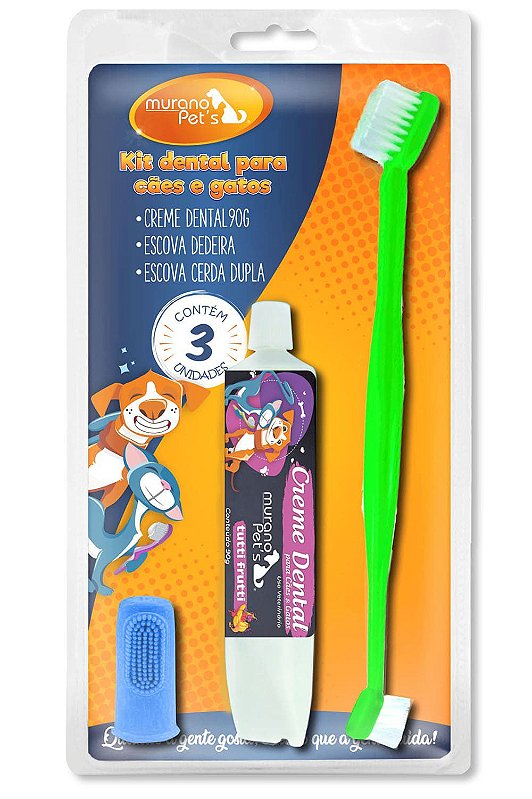 Kit Dental Creme Dental Tutti-Frutti, Escova e Dedeira para Cães e Gatos