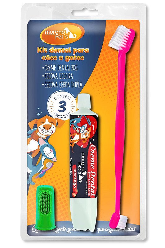 Kit Dental Creme Dental Morango, Escova e Dedeira para Cães e Gatos