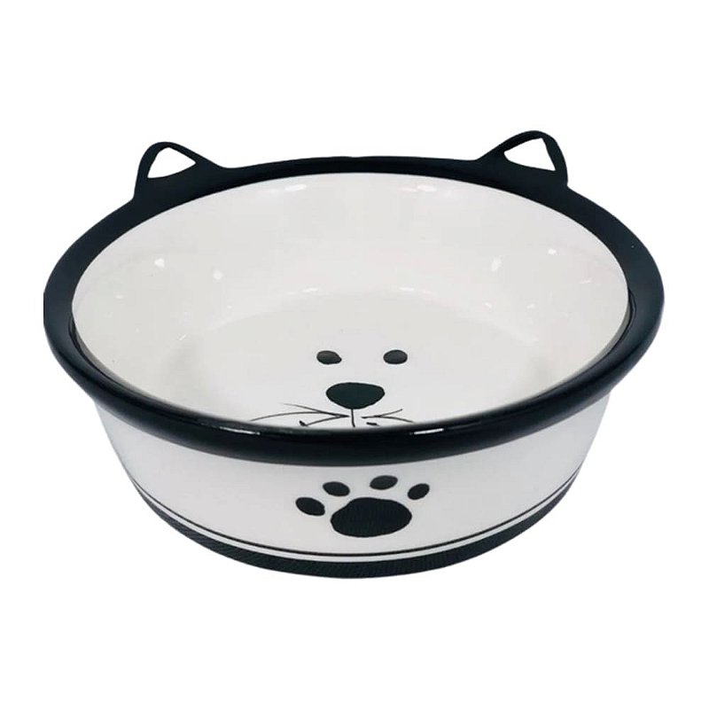 Comedouro Porcelana Carinha para Gatos - Branco/Preto