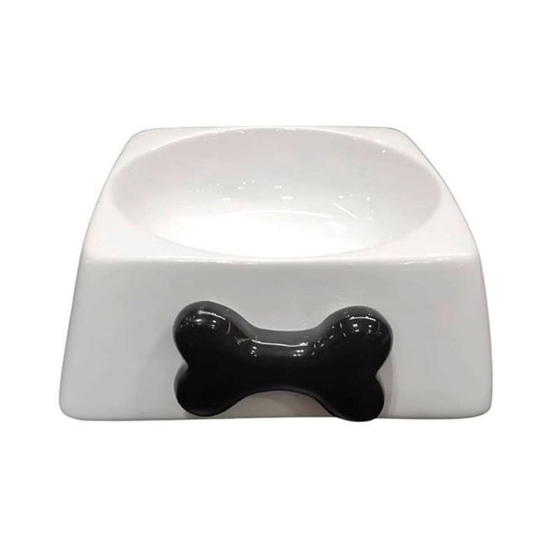 Comedouro Porcelana Ossinho para Cães - Branco/Preto