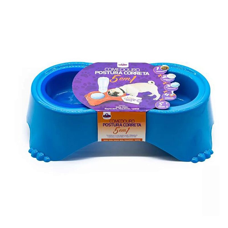 Comedouro Bebedouro Postura Correta 5 em1 para Cães - Azul