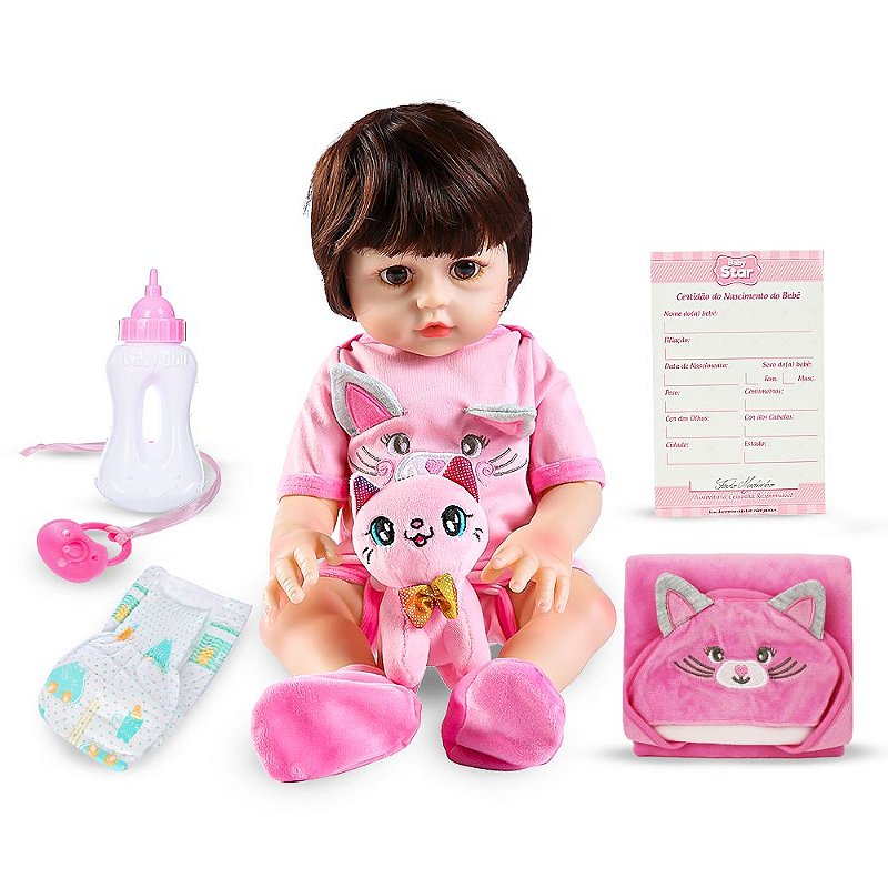 Boneca Bebé Reborn Realista, 38cm, com saco e 5 acessórios – O Gato Rápido