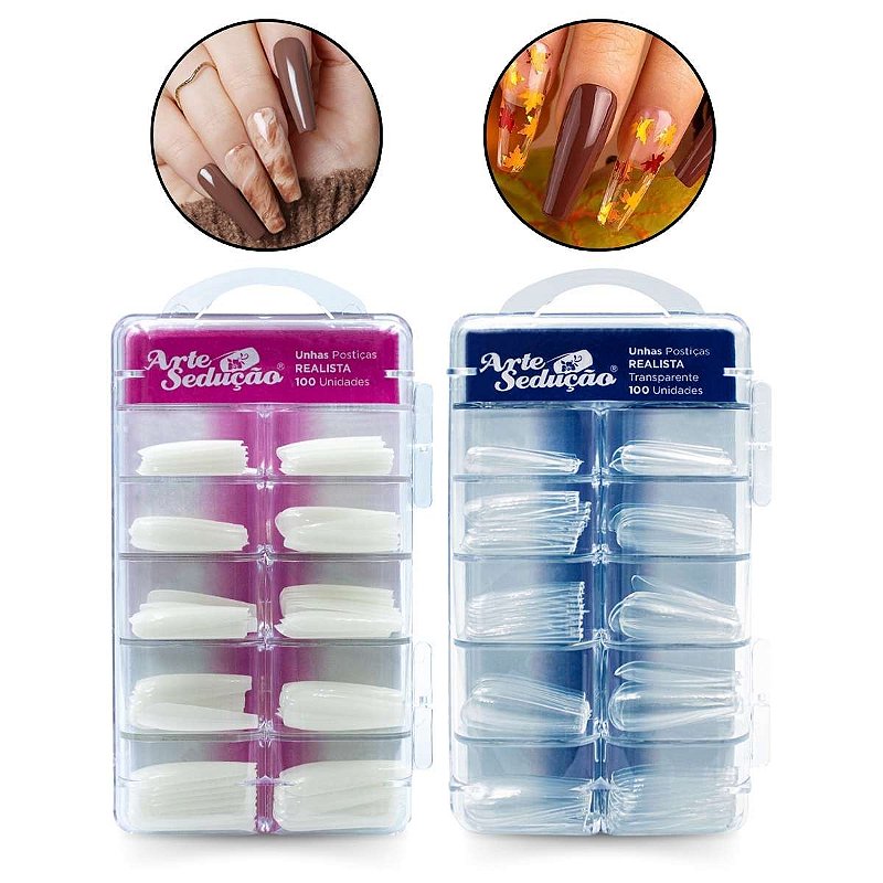 Kit 200 Unhas Postiças Realista Transparente e Branca - Arte Sedução ...