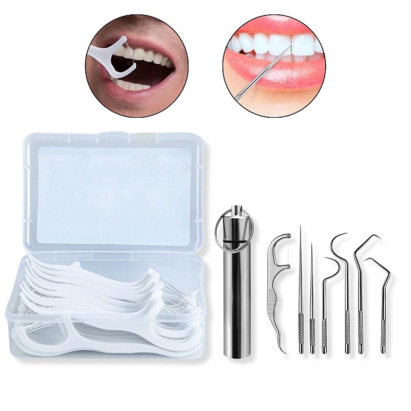 Kit 7 Instrumentos Inox Remove Tártaro + 50 Fio Dental Cabo - Arte ...