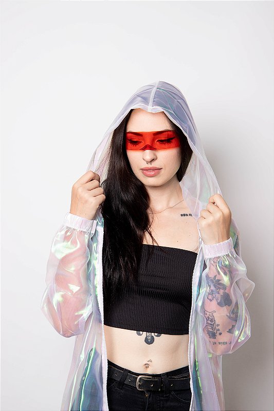 Jaqueta Hologr fica Transparente com Capuz Unissex Masculina