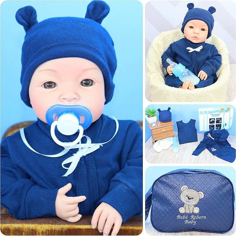 Macacão azul e acessórios para boneca Bebê Reborn